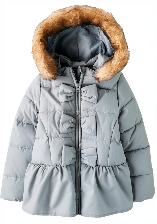 Gymboree Girls Light Blue Ribbon Jacket with Faux Fur Hood and Ruffle-0